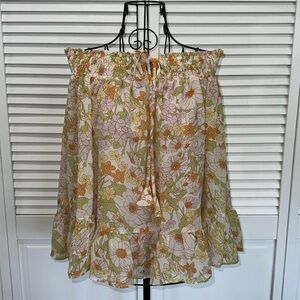 KORI Tie Front 3/4 Sleeve Smocked Neck Ruffle Floral Flowy Crop Top Blouse Sz S